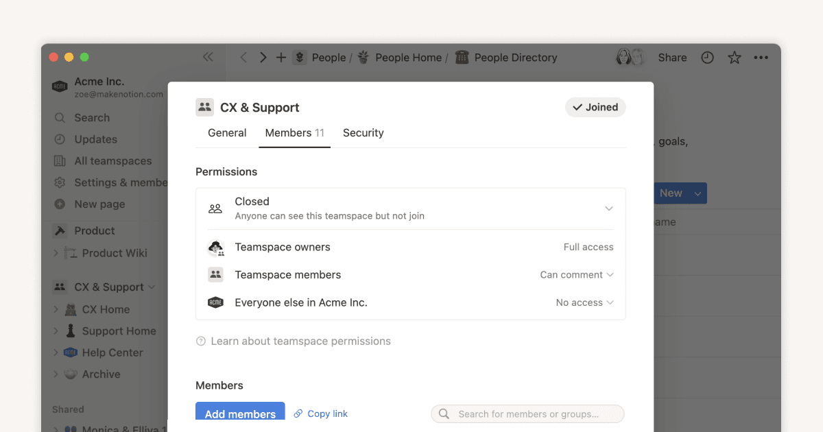 チームスペースやグループへの適切なアクセスレベルの設定
