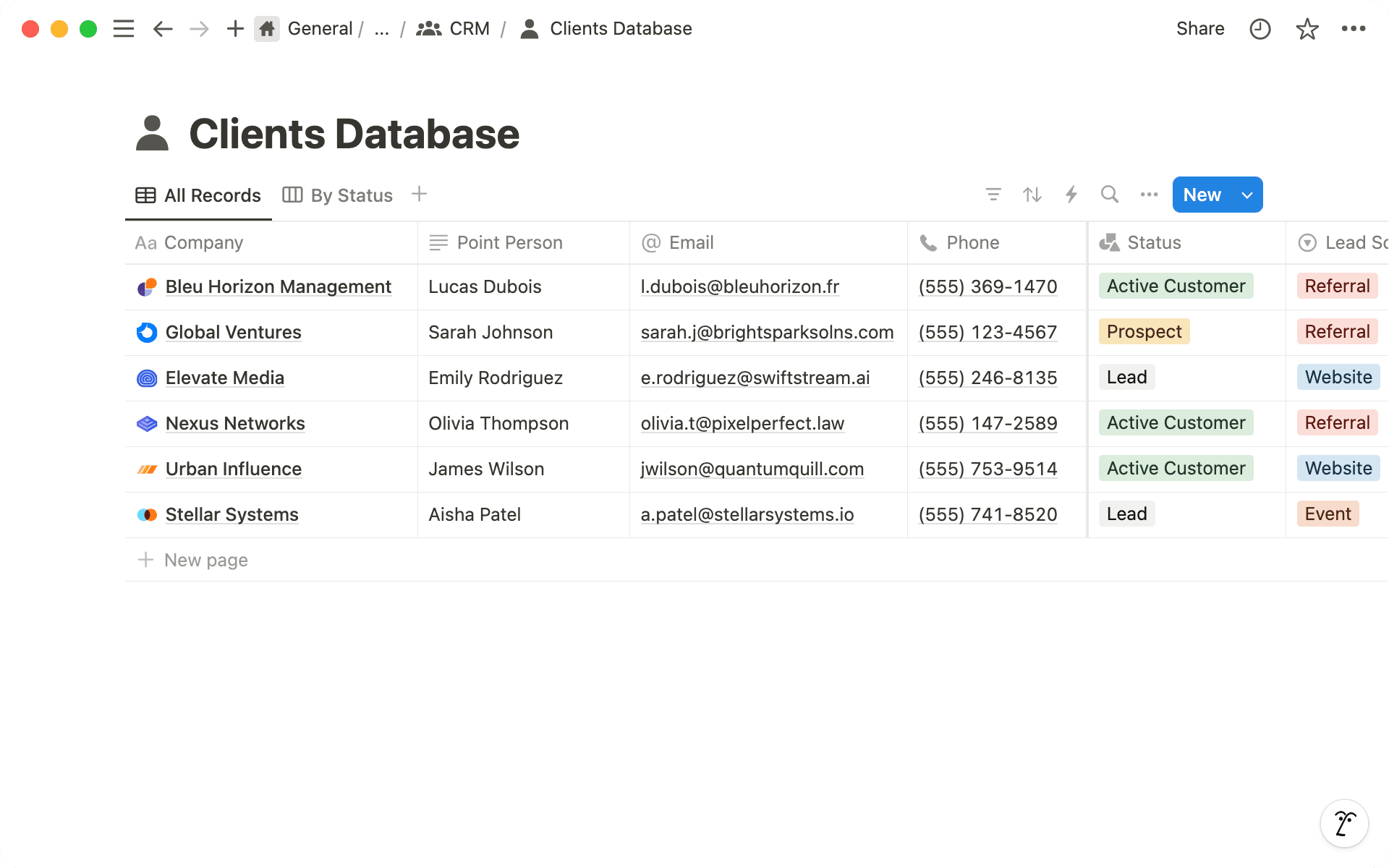 Organize client details in a structured table.