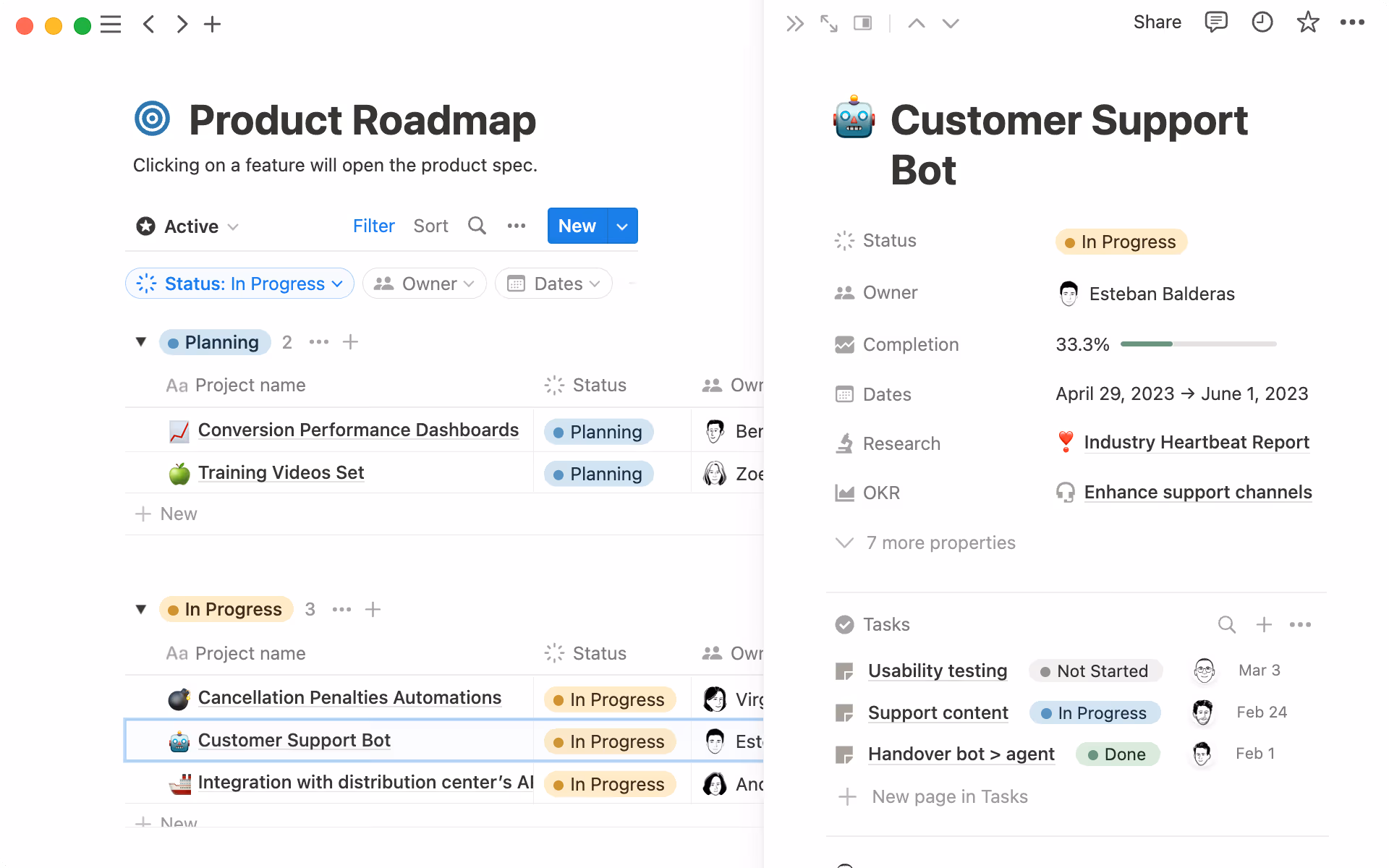 Use bases de dados para conectar seu roadmap a projetos e documentos.