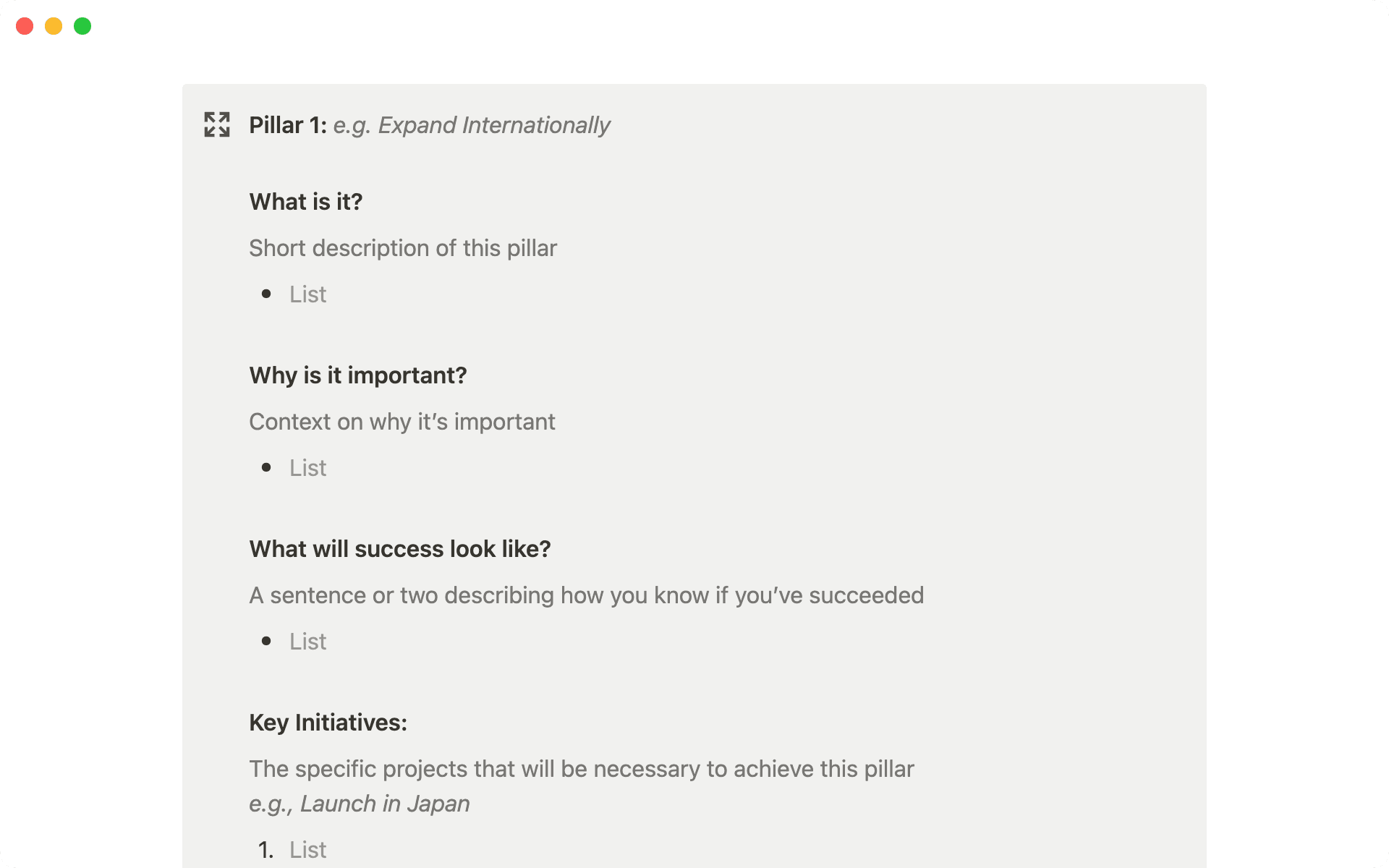 Construye cada pilar estratégico definiendo el qué, el por qué, las métricas de éxito y las iniciativas clave.