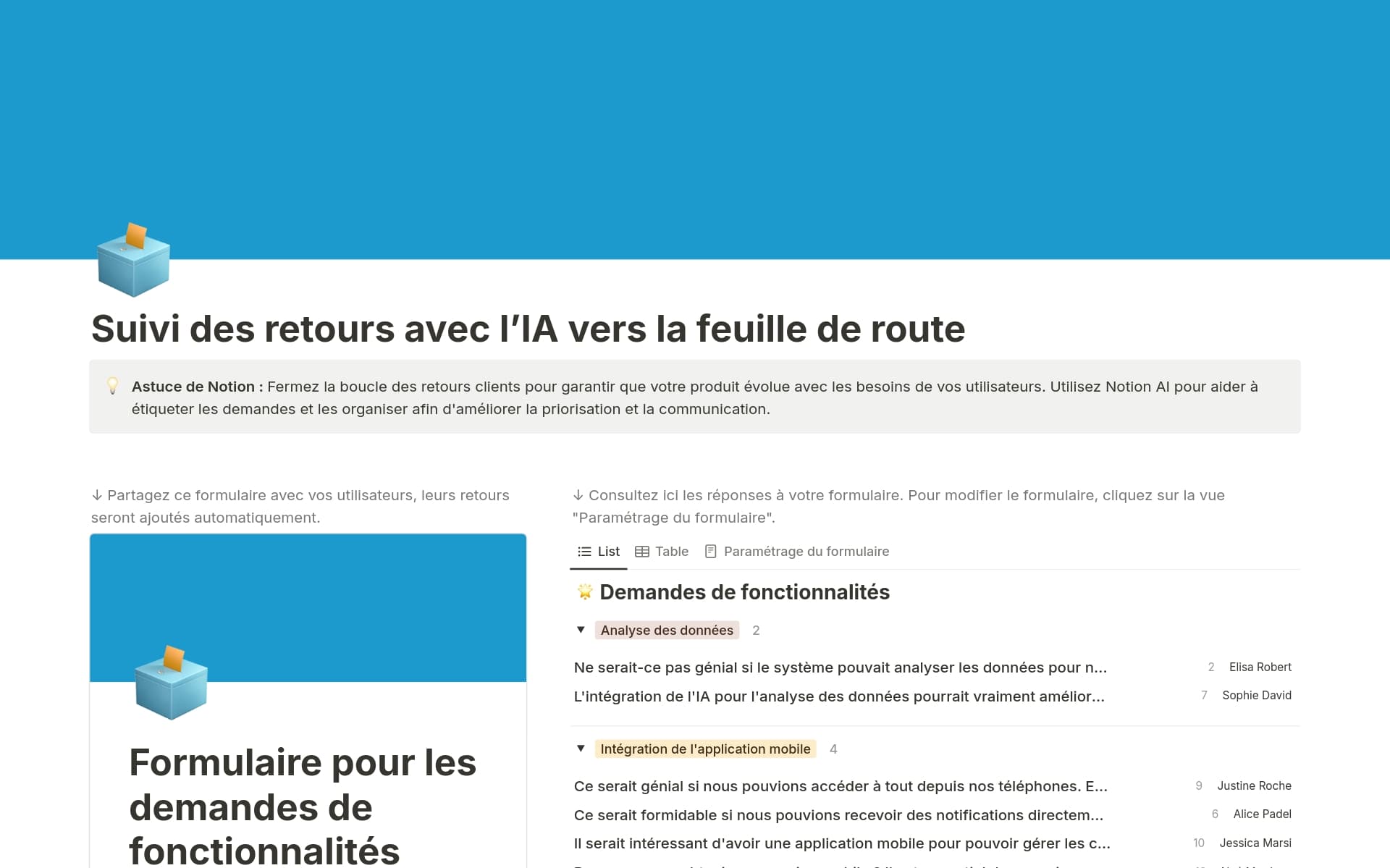 Aperçu du modèle de Du suivi des retours jusqu’à la feuille de route produit